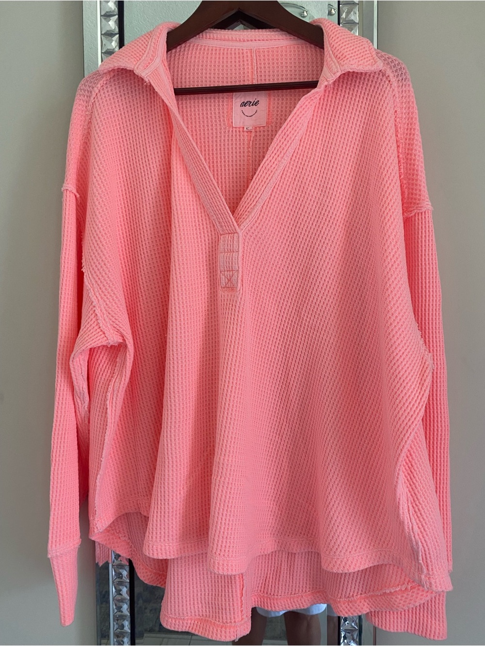 Aerie Coral Pink Waffle V-Neck Pullover